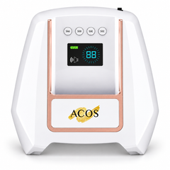 A white ACOS electronic device with a digital display screen, four control buttons, and rose gold trim, shown on a clean white background.