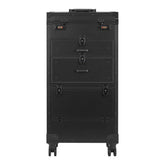 A black metal rolling storage case with three drawers, lockable latches, and caster wheels, shown against a plain white background.