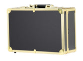 Black suitcase with gold trim on a white background
