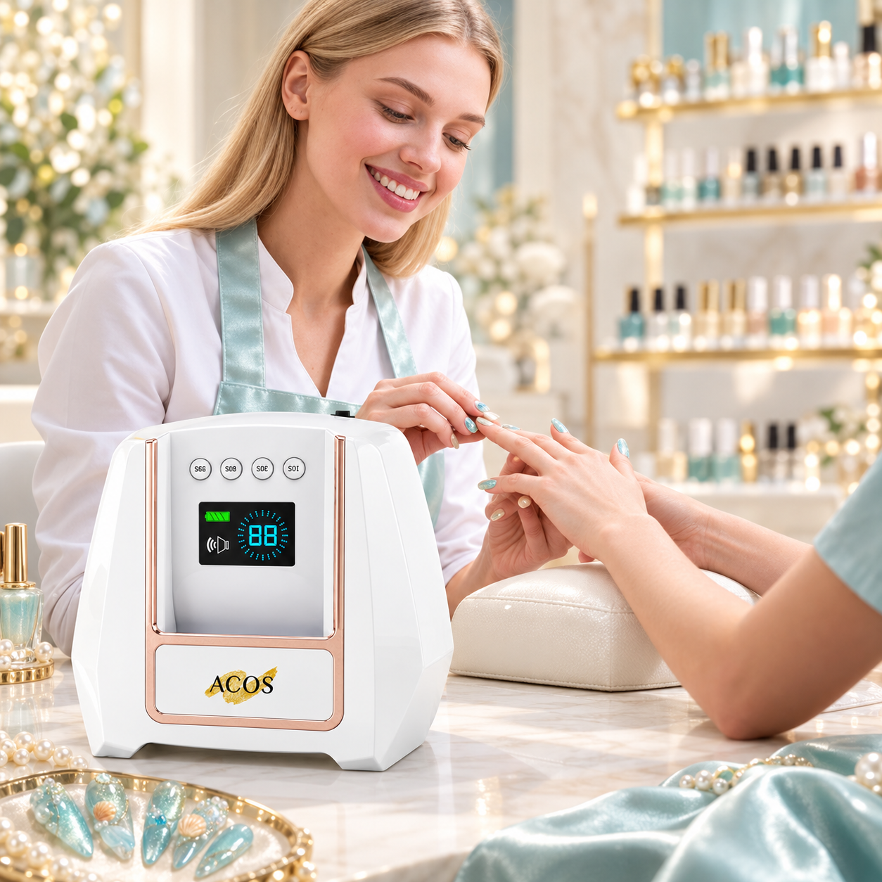 A white ACOS UV/LED nail dryer with rose gold trim is shown in a bright nail salon setting, with a manicurist applying polish to a client's nails.