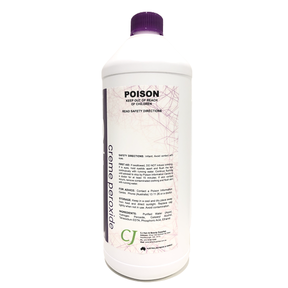 A white plastic bottle of Poison Cream Peroxide with a purple cap, shown against a plain white background.