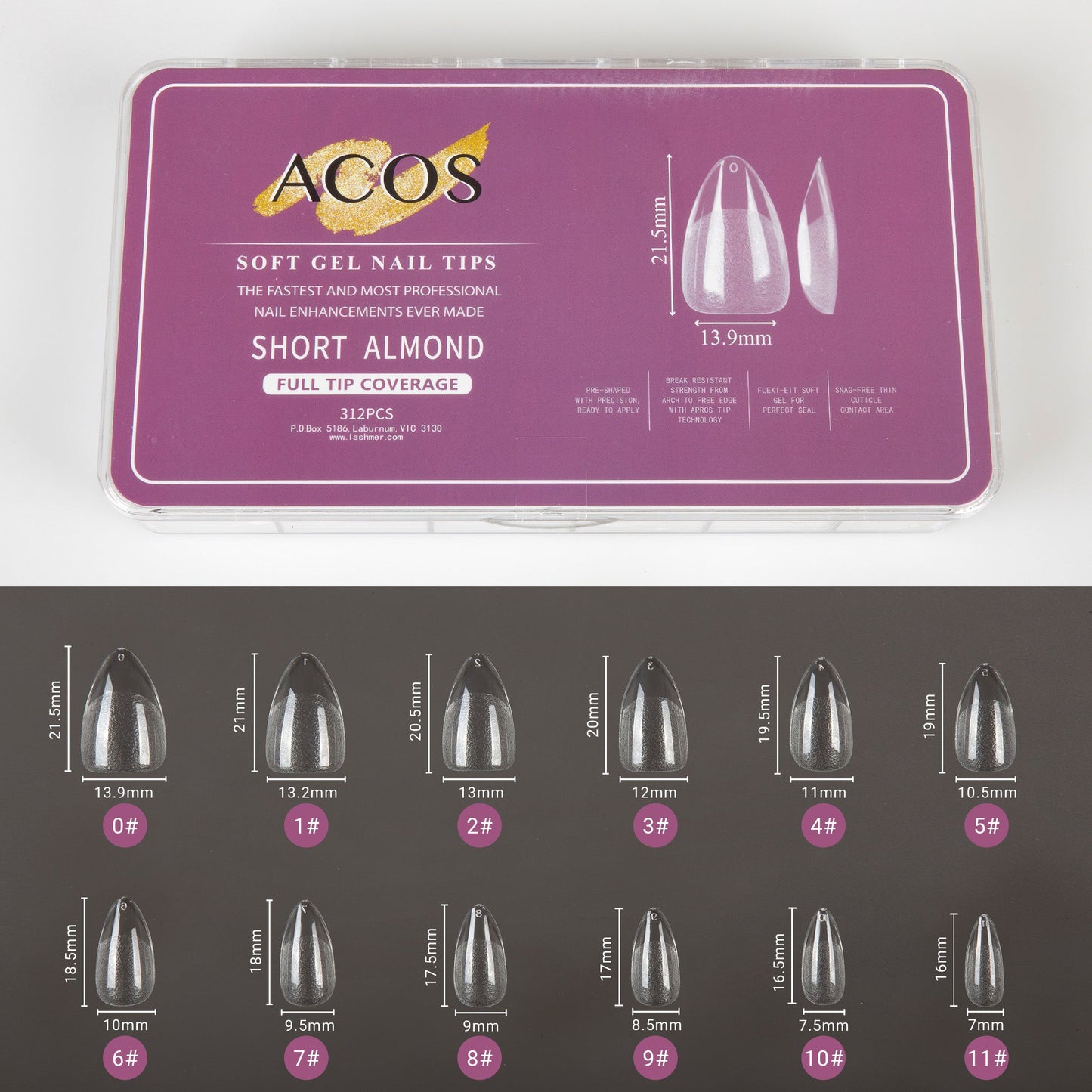 ACOS Soft Gel Nail Tips (Full Tip Coverage) - ALMOND Shape (312pcs/box) - Lashmer