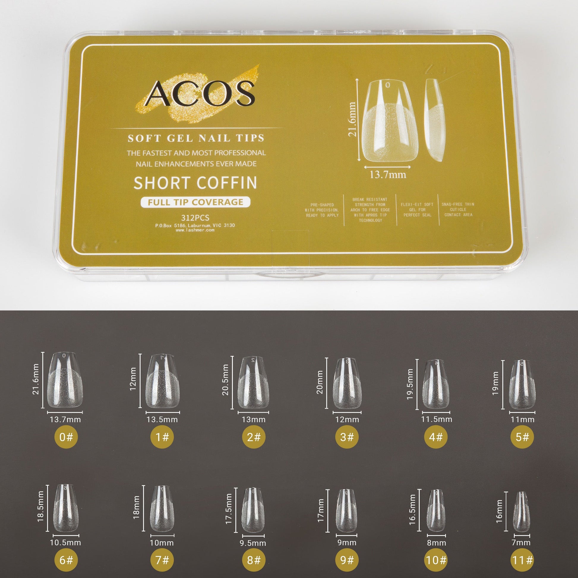 ACOS Soft Gel Nail Tips (Full Tip Coverage) -Coffin Shape (312pcs/box) - Lashmer