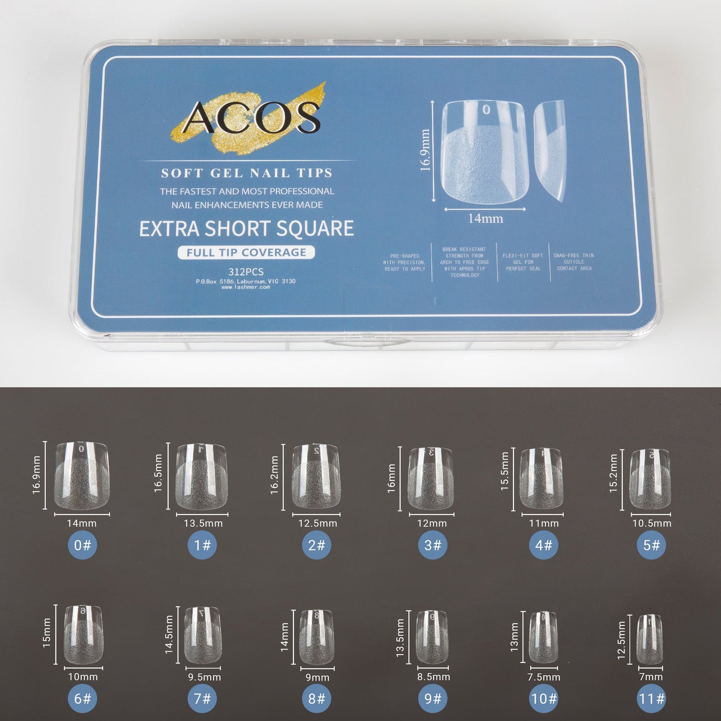 ACOS Soft Gel Nail Tips (Full Tip Coverage) - SQUARE Shape (312pcs/box) - Lashmer