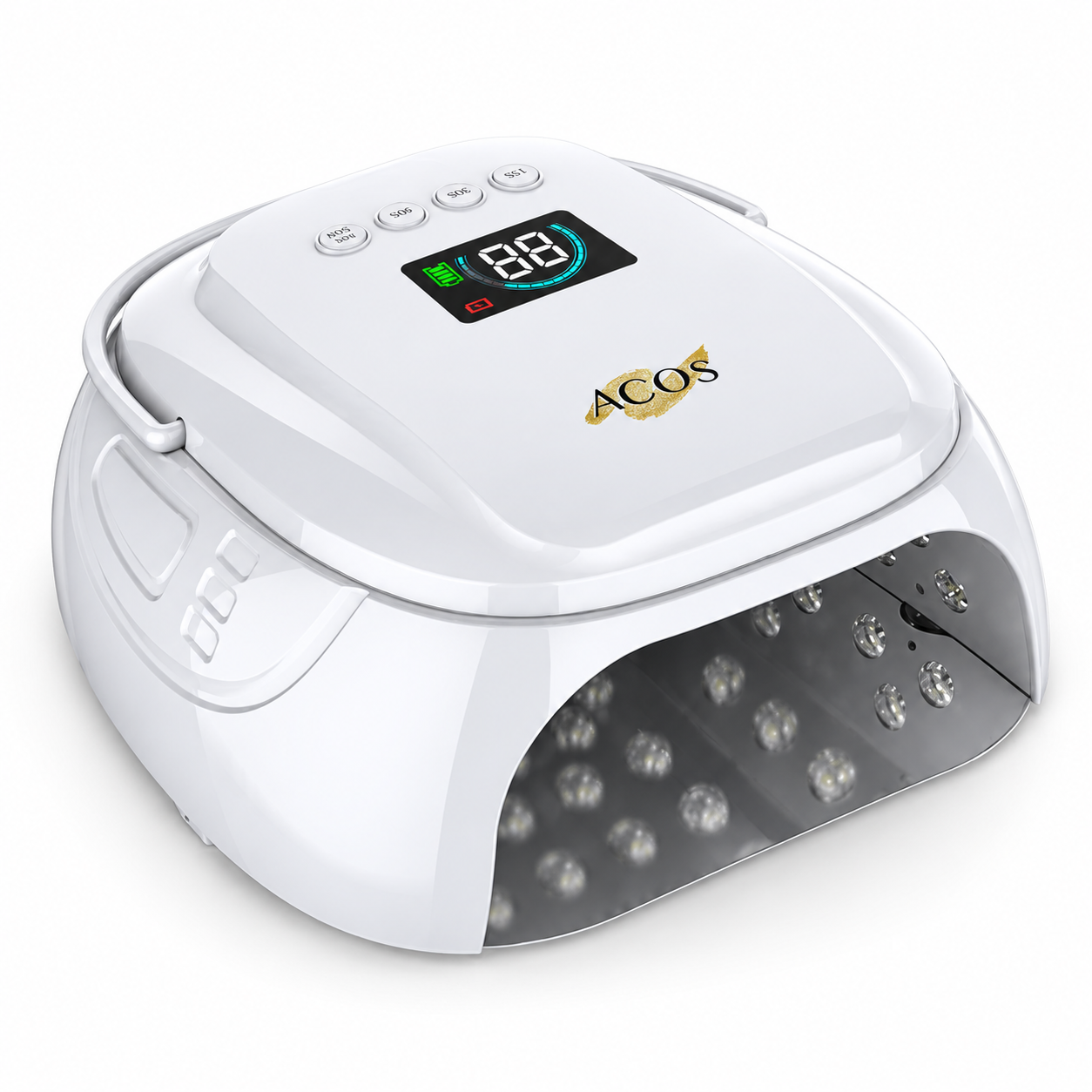 A white ACOS LED beauty lamp with a digital display screen on the lid, side handles, and a transparent front panel showing the internal LED light array, set against a plain white background.
