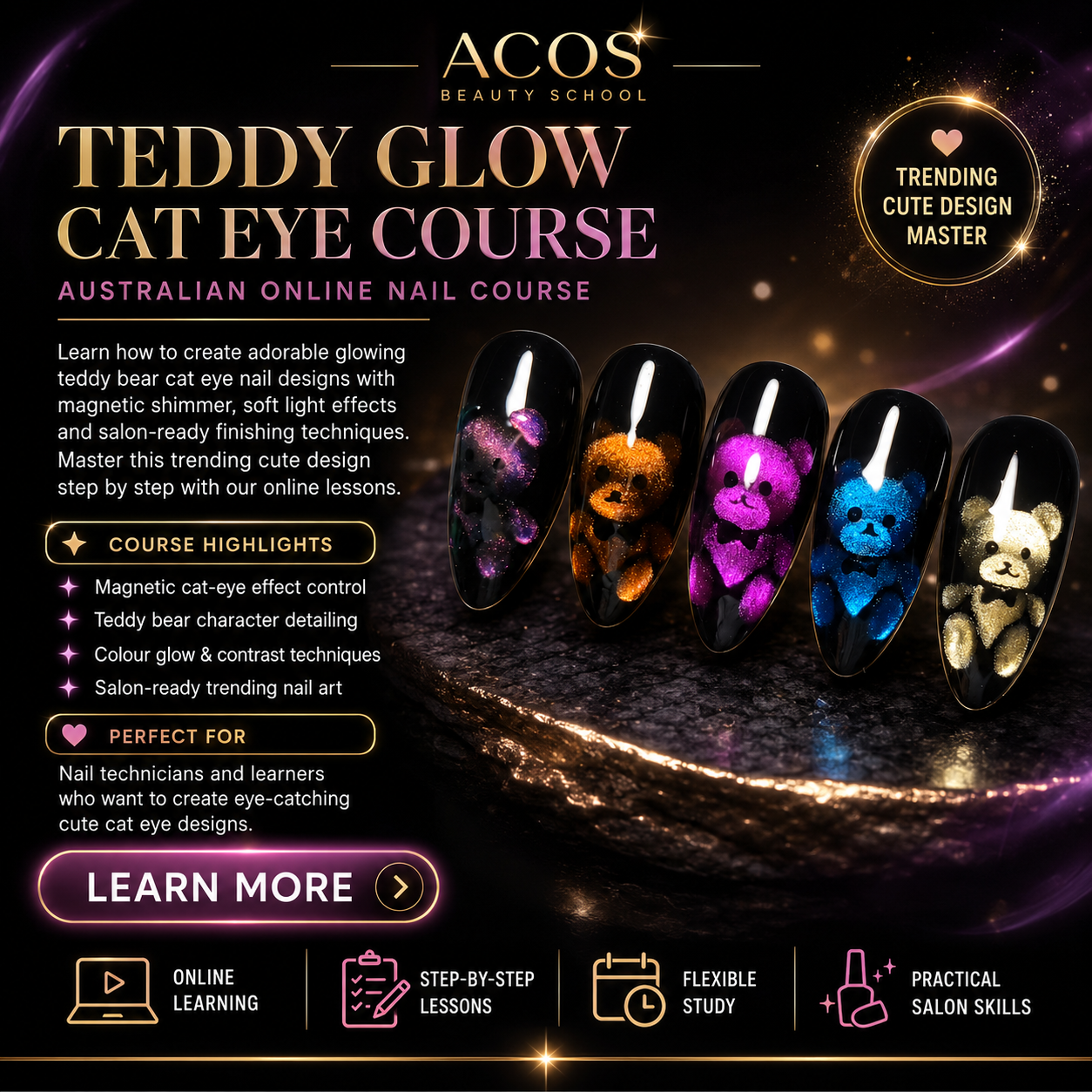 Teddy Glow Cat Eye Course - Learn how to create adorable glowing teddy bear cat eye nail designs