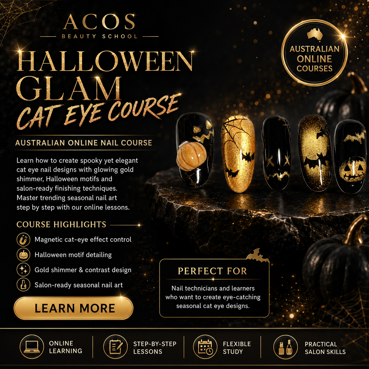 Halloween Glam Cat Eye Course - Learn how to create spooky yet elegant cat eye nail designs.