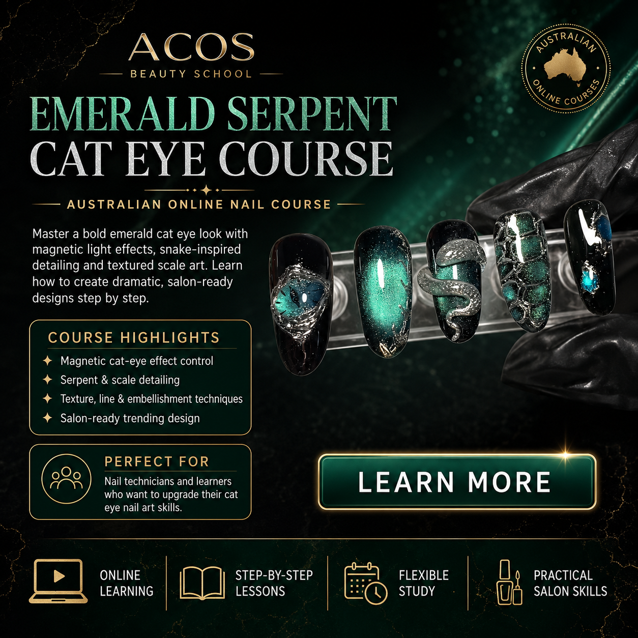 Emerald Serpent Cat Eye Course - master a bold emerald at eye look with magnetic light effects, snake-inspired detailing and textured scale are.
