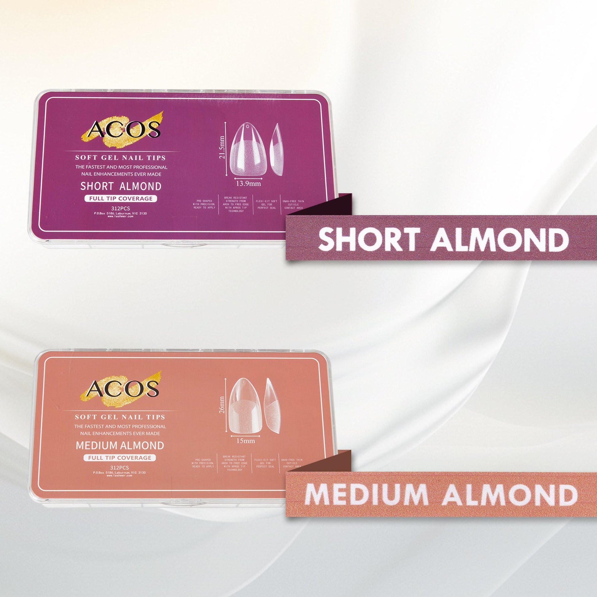 ACOS Soft Gel Nail Tips (Full Tip Coverage) - ALMOND Shape (312pcs/box) - Lashmer