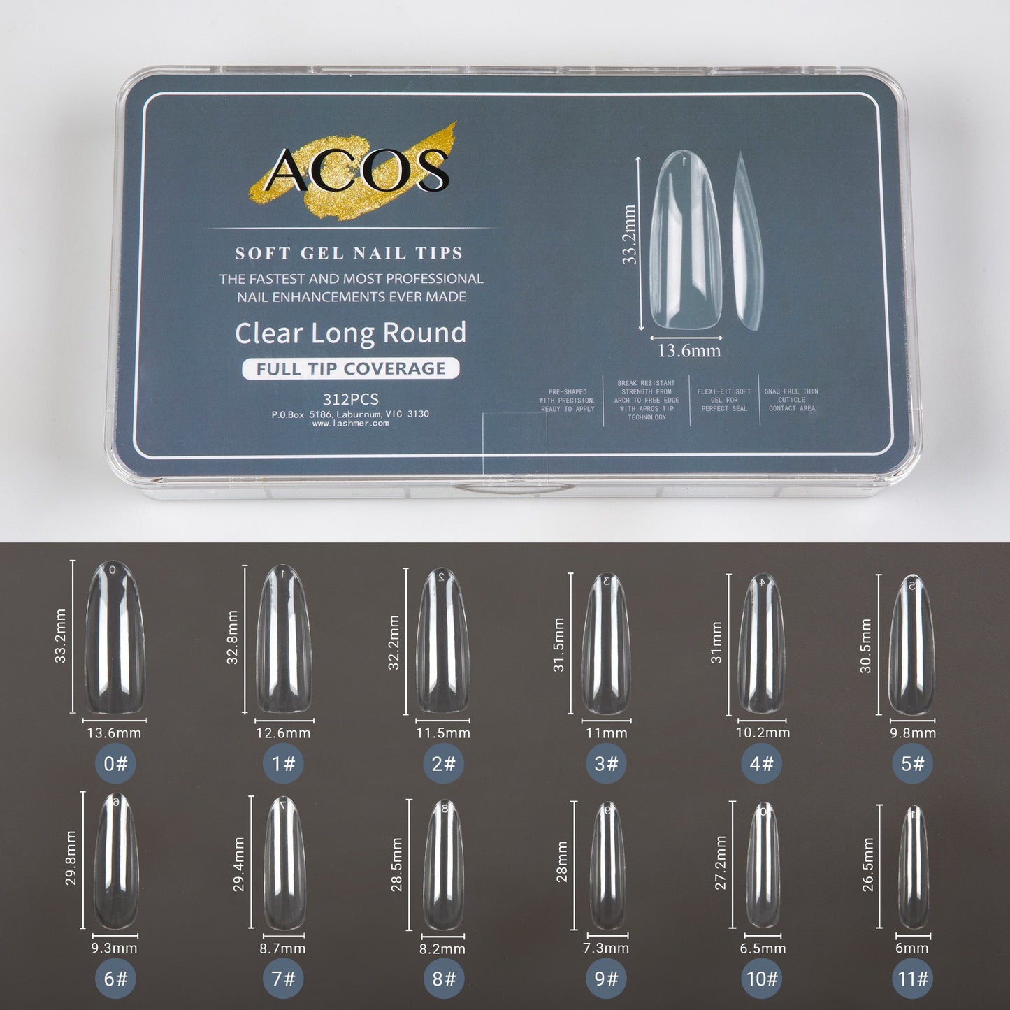 ACOS Soft Gel Nail Tips -Clear Long Round