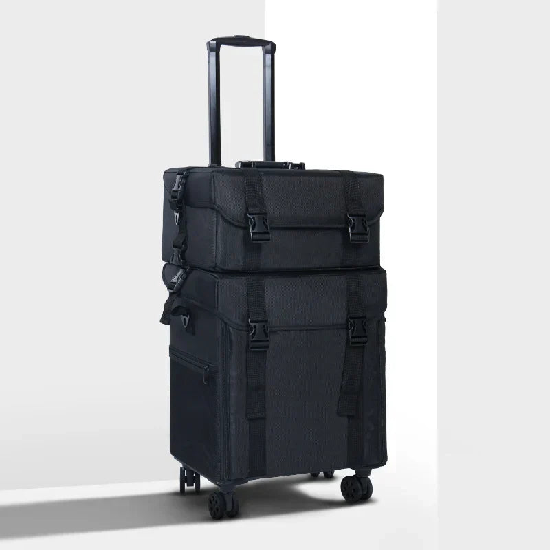 Black suitcase with wheels on a light gray background