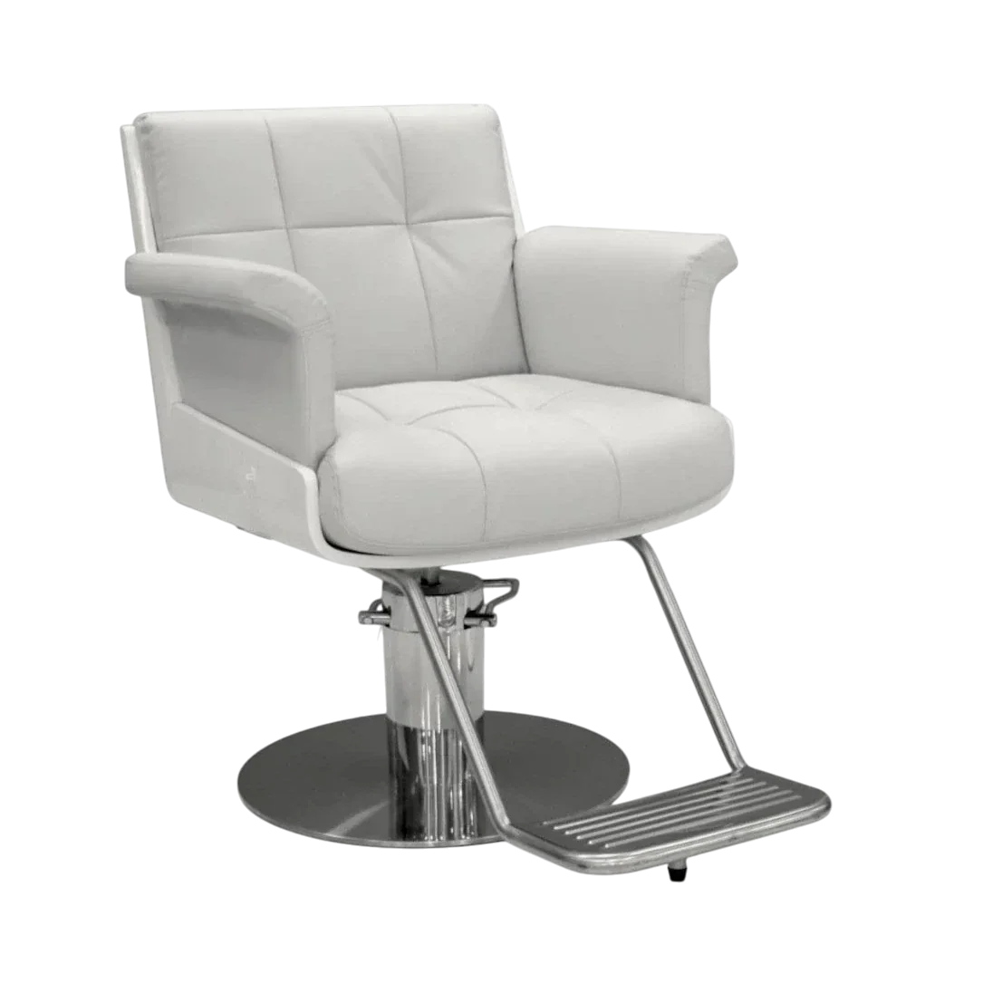 White leather salon chair with chrome base on a white background