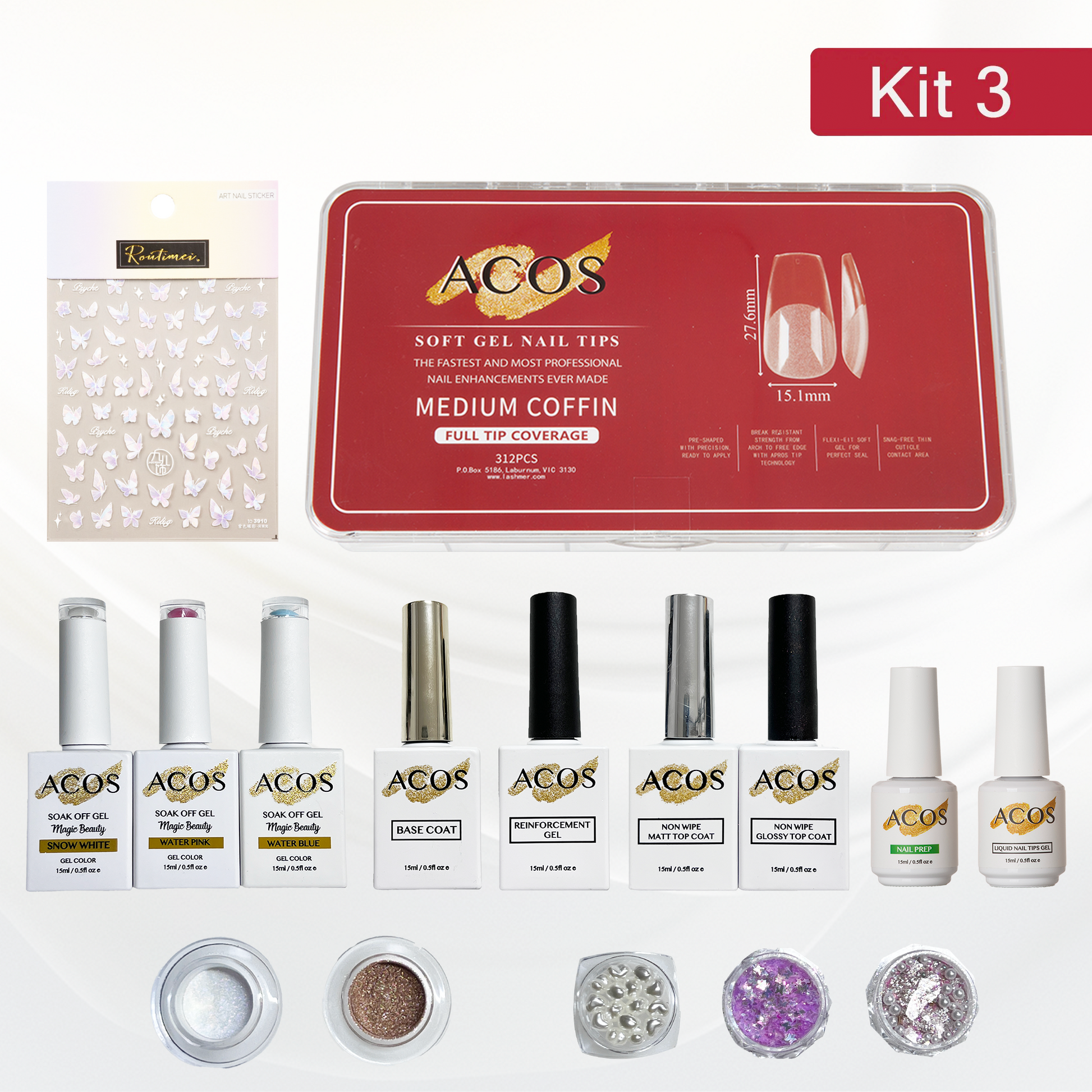 ACOS Soft Gel Press On Nail Kit (Gel color +chrome powder+sticker) - Lashmer