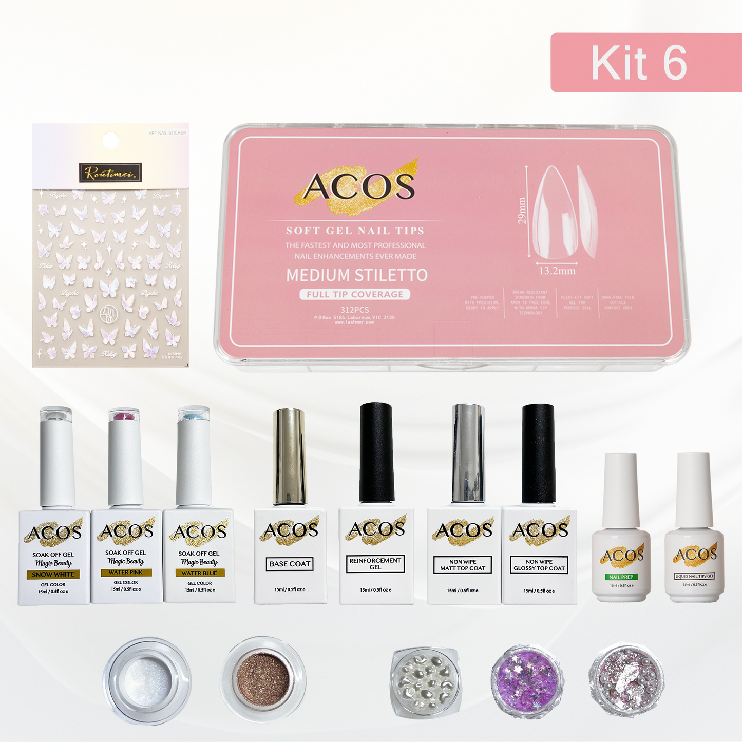 ACOS Soft Gel Press On Nail Kit (Gel color +chrome powder+sticker) - Lashmer