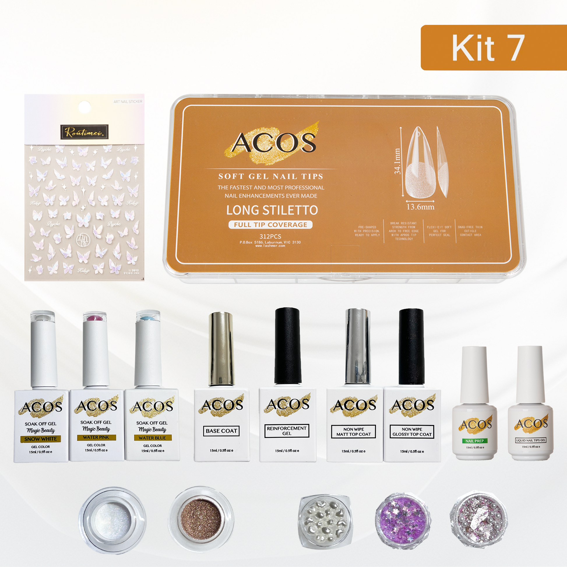 ACOS Soft Gel Press On Nail Kit (Gel color +chrome powder+sticker) - Lashmer