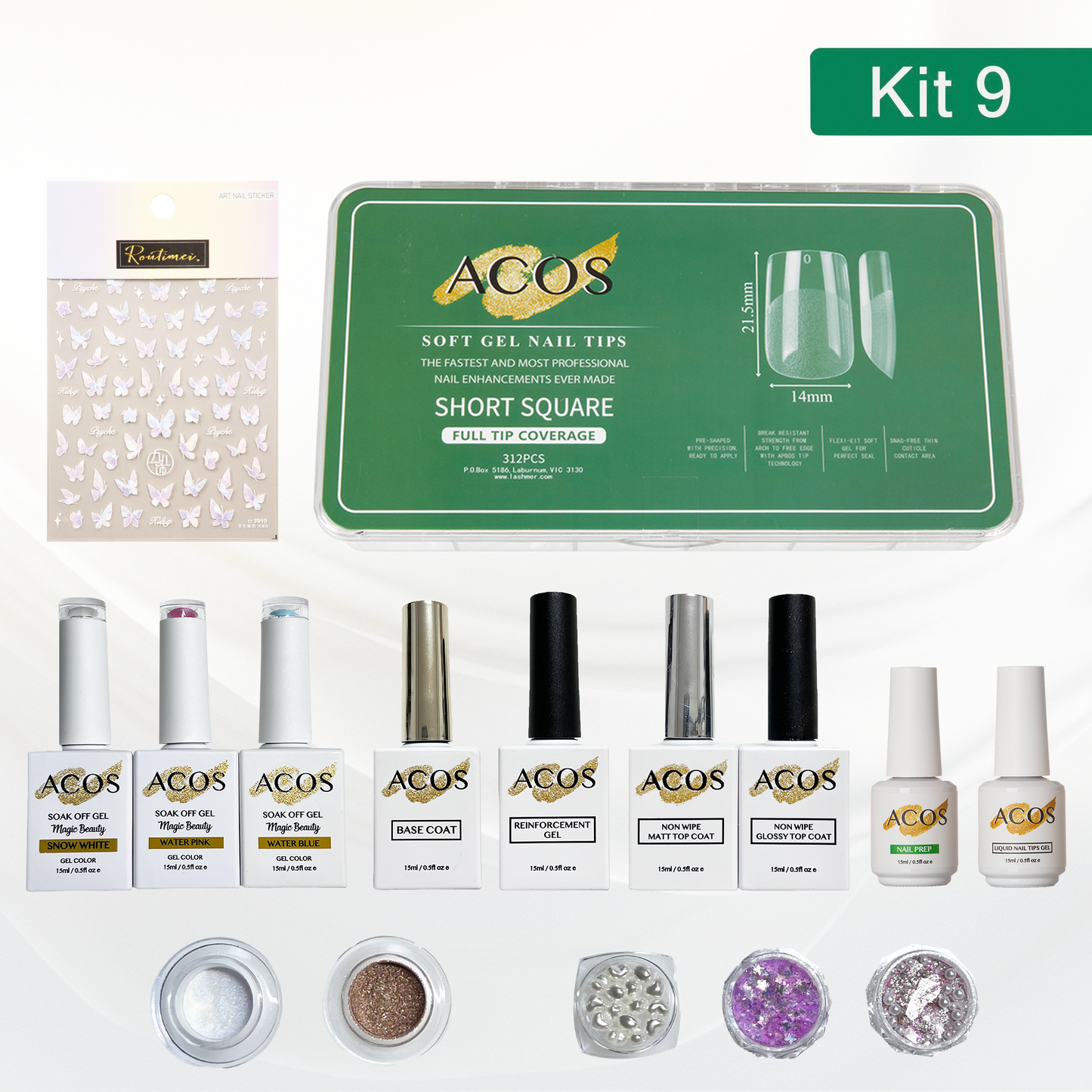 ACOS Soft Gel Press On Nail Kit (Gel color +chrome powder+sticker) - Lashmer