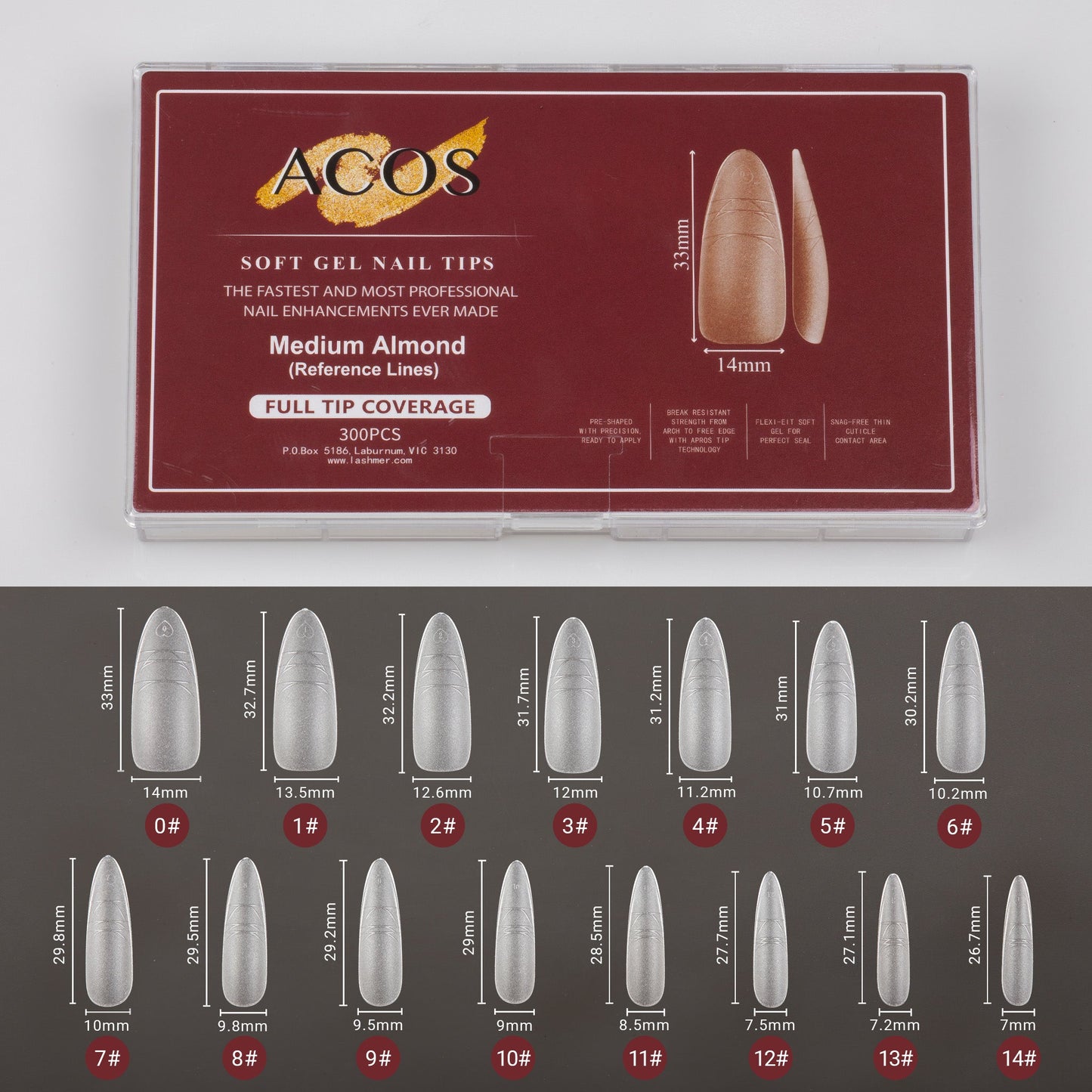 ACOS Soft Gel Nail Tips (Full Tip Coverage with lines) -Medium Almond