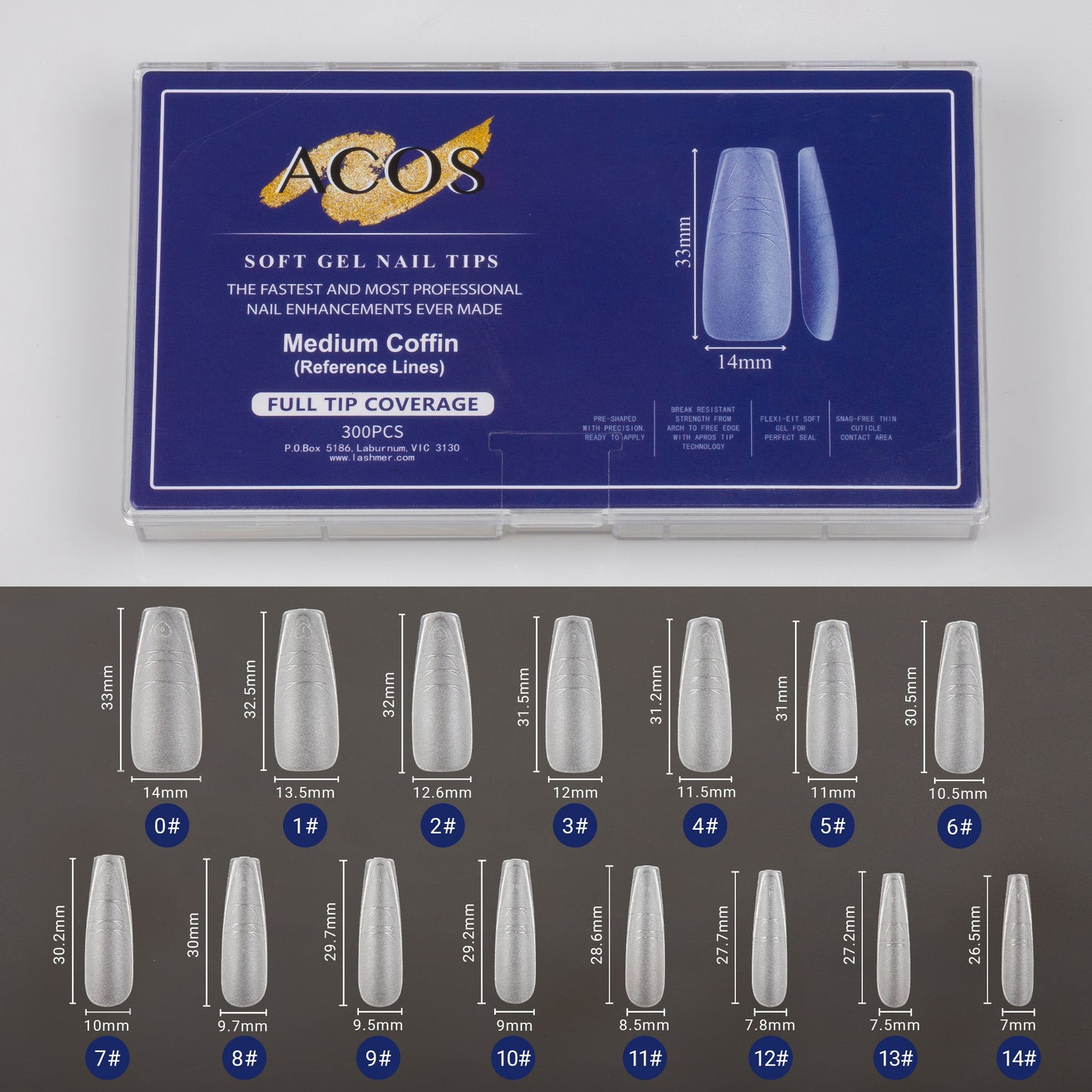 ACOS Soft Gel Nail Tips (Full Tip Coverage with lines) -Medium Coffin