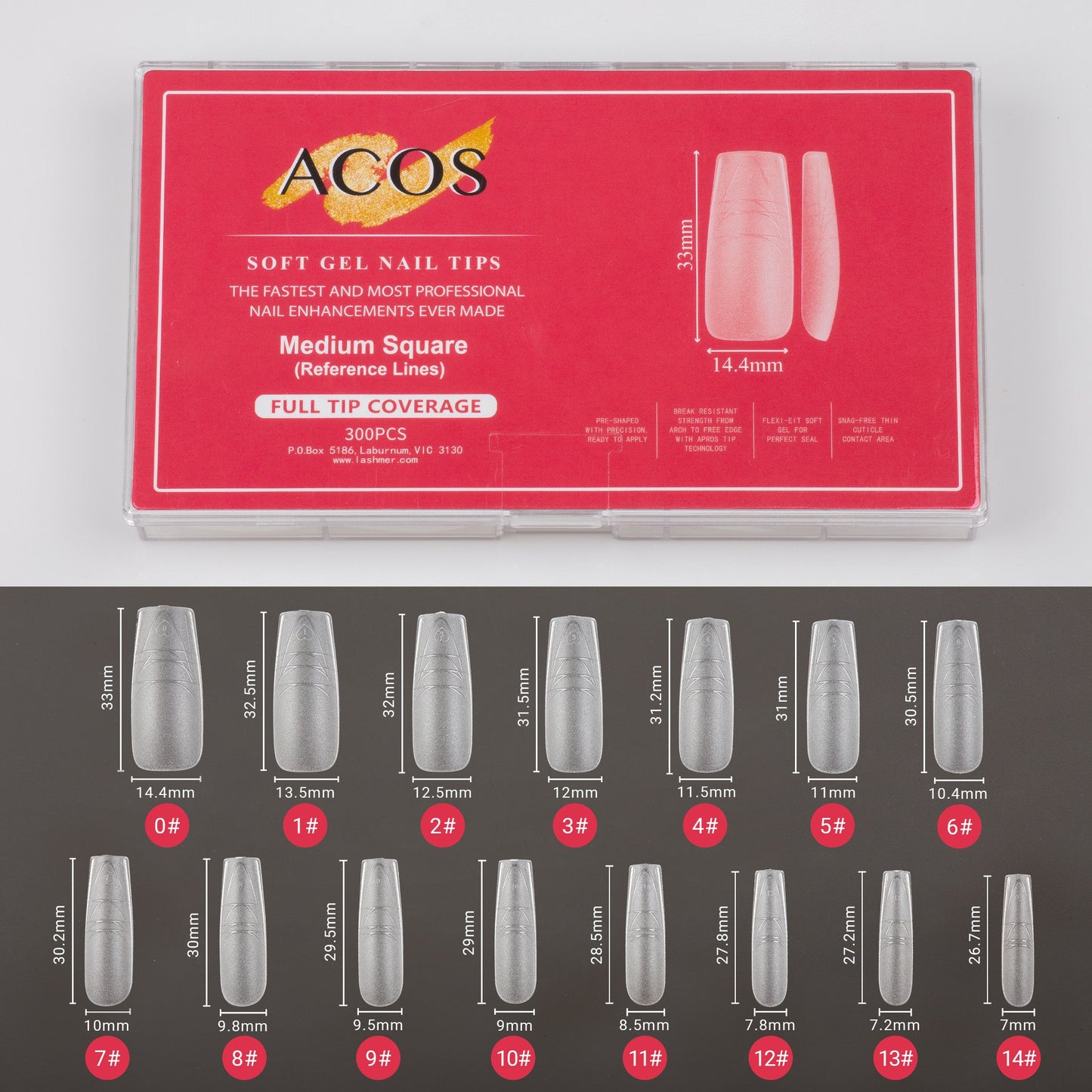 ACOS Soft Gel Nail Tips (Full Tip Coverage with lines) -Medium Square