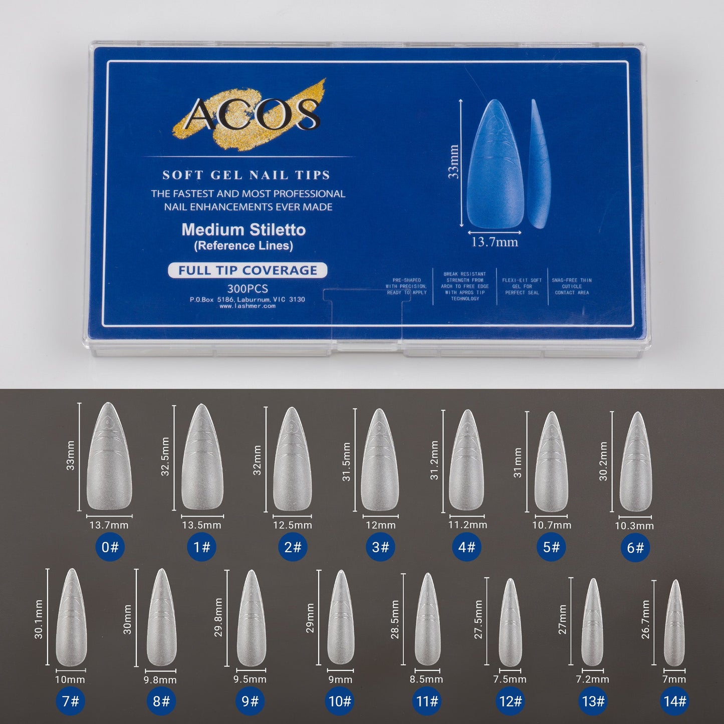 ACOS Soft Gel Nail Tips (Full Tip Coverage with lines) -Medium Stiletto