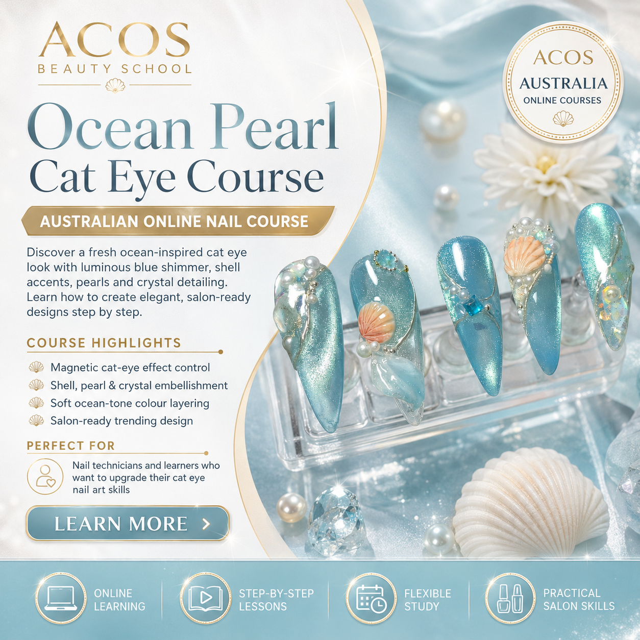 Ocean Peal Cat Eye Course - Discover a fresh ocean inspired cat eye look with luminous blue shimmer, shell accents, pearls and crystal detailing.