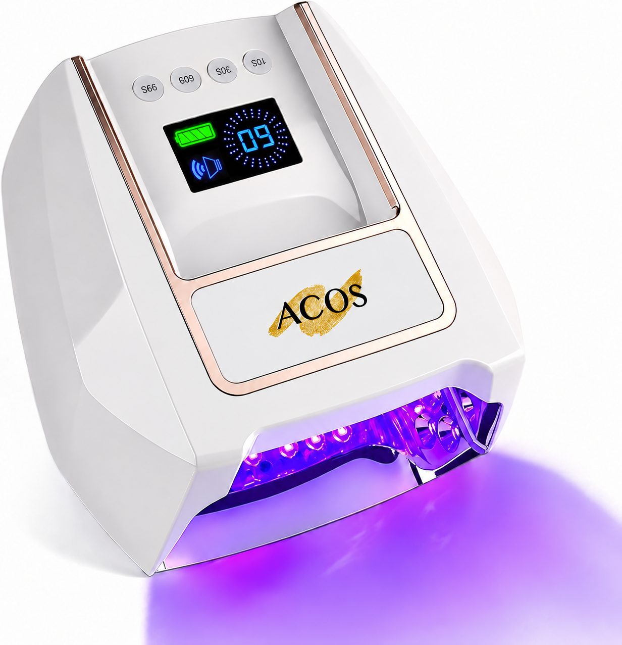 ACOS UV/LED nail lamp machine in white with rose gold trim, featuring a digital display screen and a purple light glow inside, set against a clean white background.