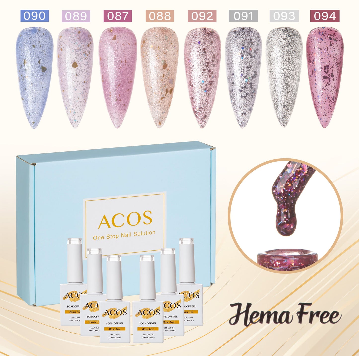 ACOS Hema Free Gel Polish 6pcs Set (Transparent Glitter Colour )