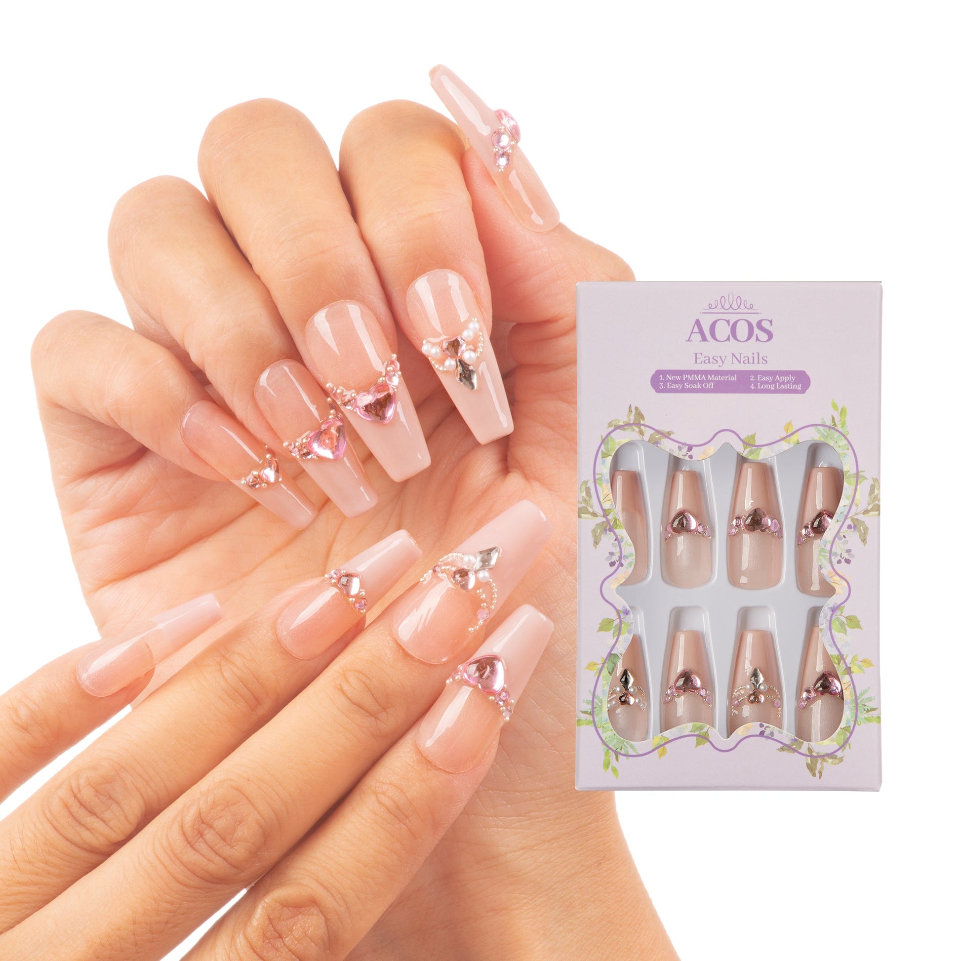 ACOS Long Coffin Easy Nails  (Pink Diamond Heart design) - Lashmer Nails&Eyelashes Supplier